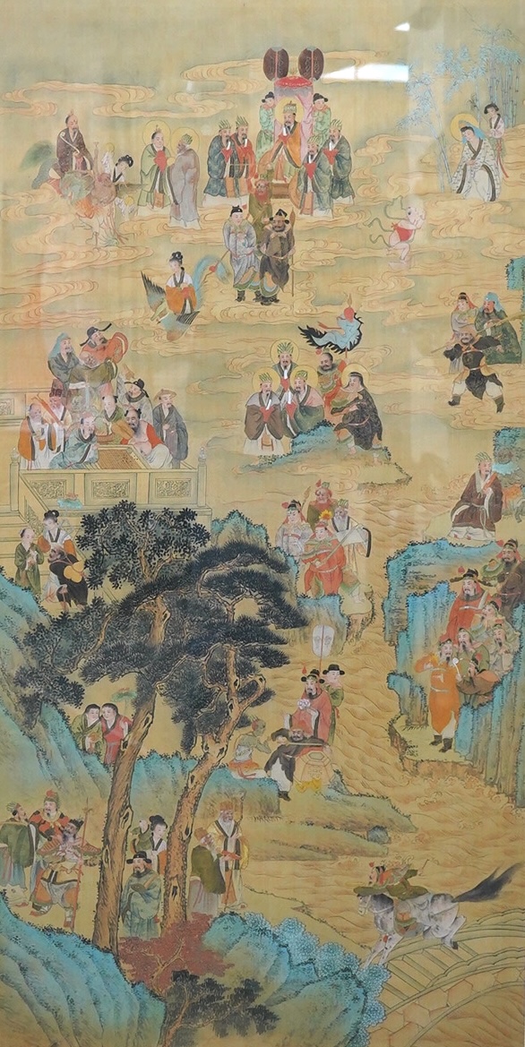 20th century Chinese School, watercolour in the Ming style, Immortals, 127 x 64cm. Condition - fair